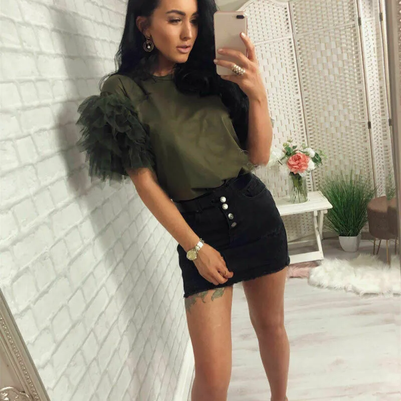 Женская Кружевная футболка с коротким рукавом вечерние футболки из тюля