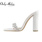 Женские босоножки на квадратном каблуке Onlymaker, белые лаконичные сандалии с открытым носком, украшенные кристаллами, без застежек, на лето