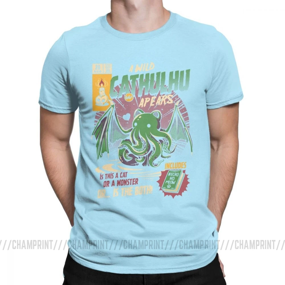 A Wild Cthulhu, футболки для мужчин, чистый хлопок, Повседневная футболка, кот, монстр, череп, Мультяшные топы, Милые Забавные футболки, Новое поступление - Цвет: Небесно-голубой