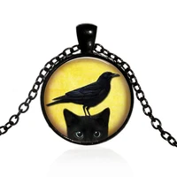 fashion black cat crow art photo jewelry accessories cabochon glass pendant chain necklace for womens girl creative gifts