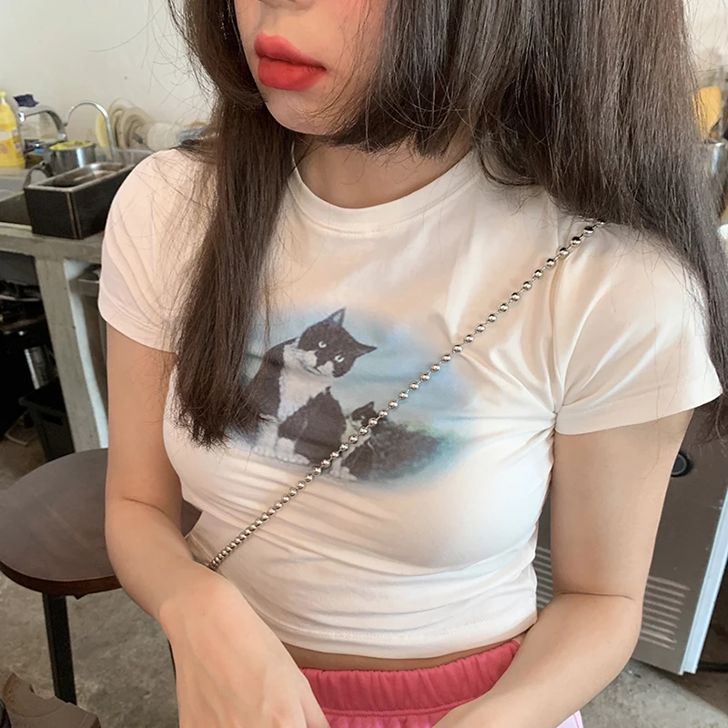 Милый Винтажный укороченный топ E-Girl в стиле Харадзюку С мультяшным принтом