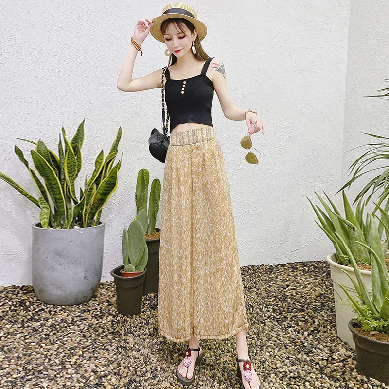 

Summer casual retro printed chiffon bohemian wide-leg pants fashion slim thin high waist female holiday beach pants large size