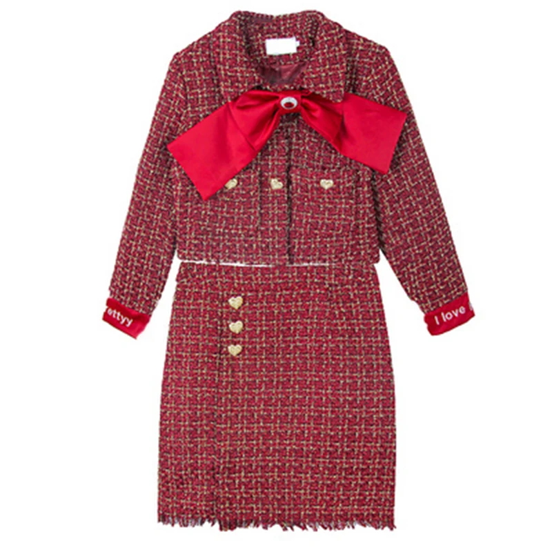 Винтажный Красный твидовый в клетку отложной воротник бант сердце пуговица