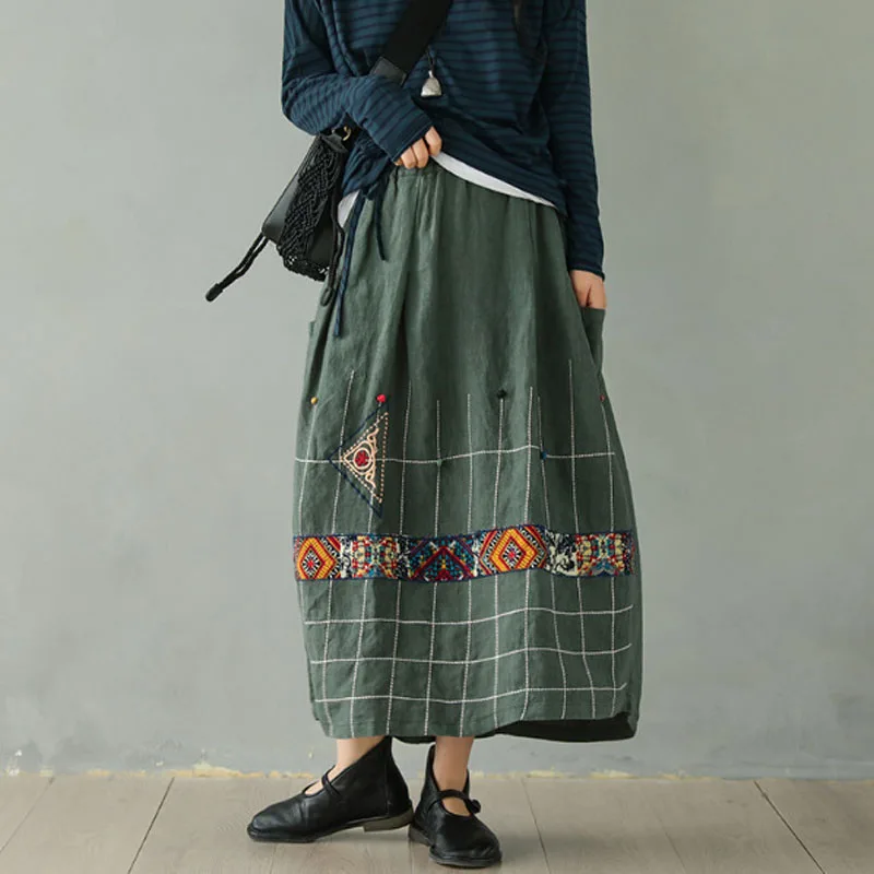 

Spring New Ethnic Embroidery Cotton Linen Skirt Long-sleeved Female Elastic Waist Casual Vintage Plaid Mori Girls Skirts Loose