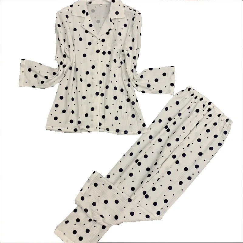 

Young Lady Cotton Yellow Polka Dot Print 2PCS Pajamas Set Autumn Casual Turn-down Collar Shirt&Pant Home Wear Loose Sleepwear