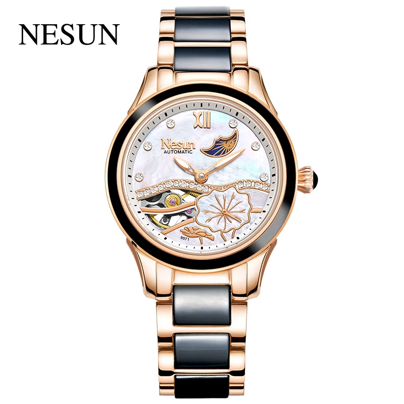 

NESUN Original Women Fashion Casual Automatic Wristwatches Mechanical Movement Shell Dial Rhinstone Waterproof Moon Phase 9071