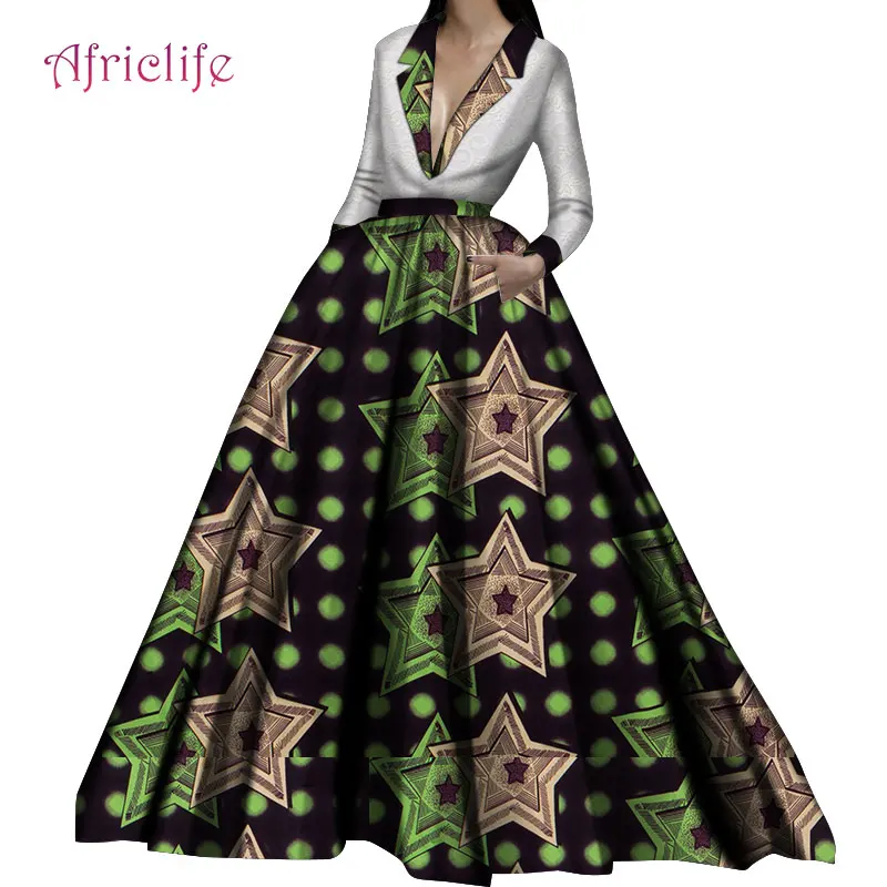 Женское платье с длинным рукавом V образным вырезом и высокой талией|Африканская