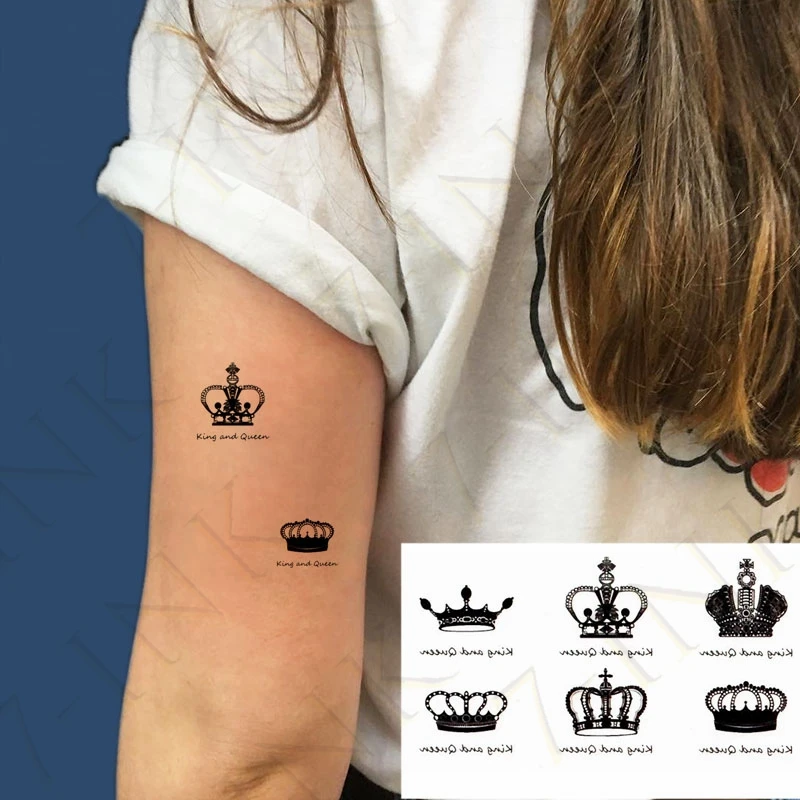 Водостойкая Временная тату наклейка Coupl King Queen Черная Корона Бабочка искусство