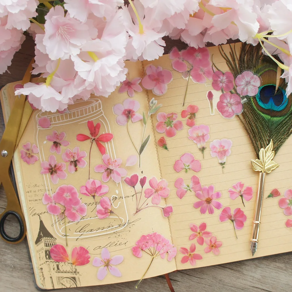 

38pcs A Jar of Pink Flower Cherry Blossoms Style Transparent Sticker Scrapbooking DIY Gift Packing Label Gift Decoration Tag