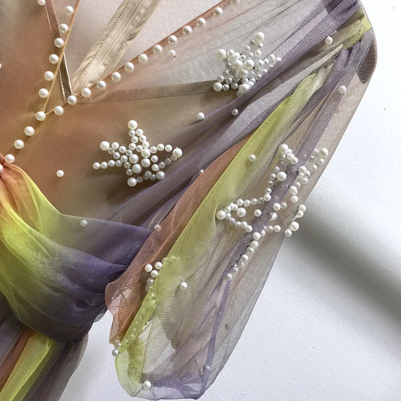 

High Quality Summer New Fairy Skirt French Temperament Fashion V-neck Heavy Industry Handmade Beaded Puff Sleeve Dress