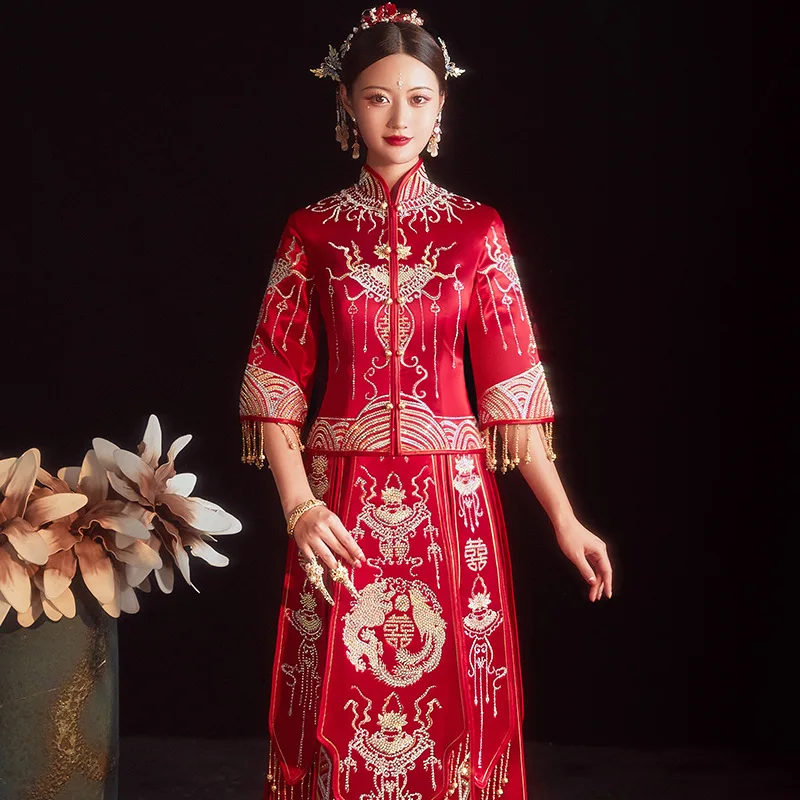 Retro Exquisite Dragon Phoenix Embroidery Tassel Cheongsam Couple Wedding Suit Elegant Bride Marry Dress китайская одежда