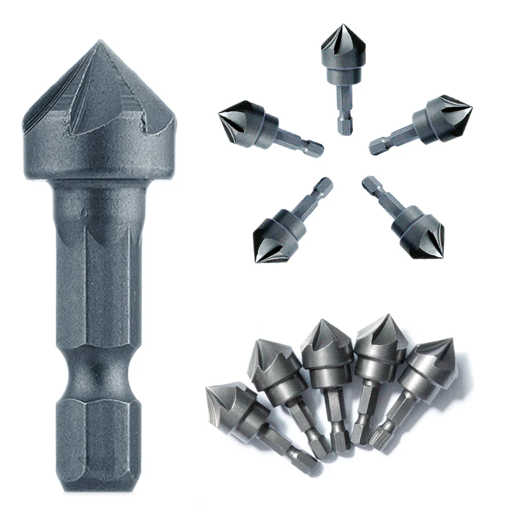

90 Degree Countersink Drill Chamfer Bit 1/4" Hex Shank 6 Flute Angle Point Bevel Cutting Drilling Woodworking Remove Burr Tool