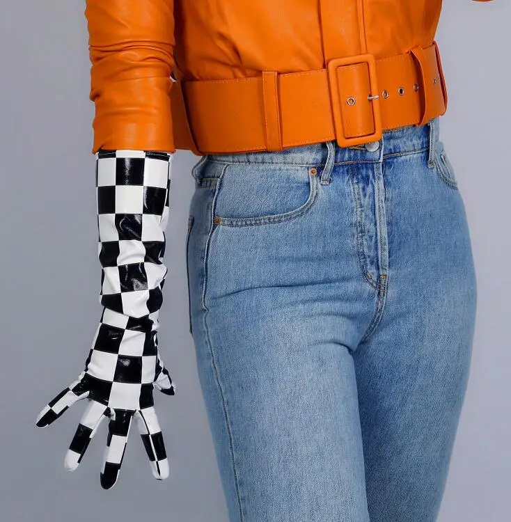 

Women's runway fashion sexy slim faux pu leather glove lady's club performance white black plaid long leather glove 70cm R2747