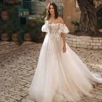 thinyfull shiny tulle short puff sleeves wedding dresses boho appliques lace wedding party gowns bones princess bride dress 2022