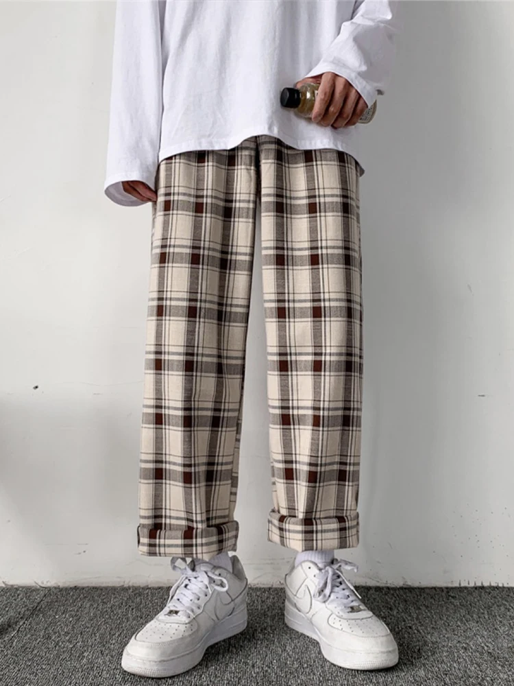 HOUZHOU Plaid Pants Men Linens Korean 