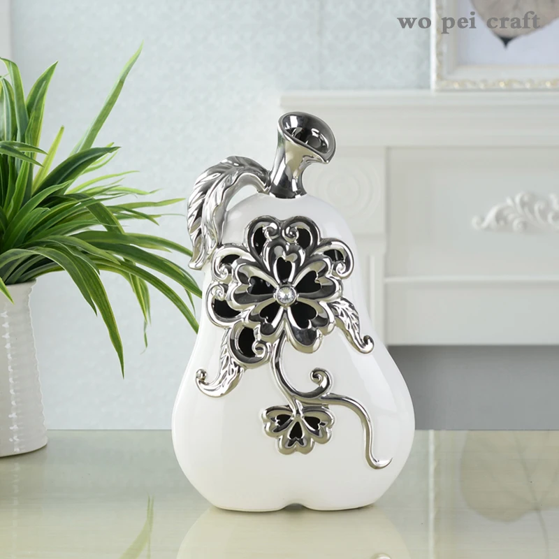

European Ceramic Crafts Silver Apple Pear Flower Pattern Hollow Modern Home Decoration Office Desktop Decor Ornaments Figurines