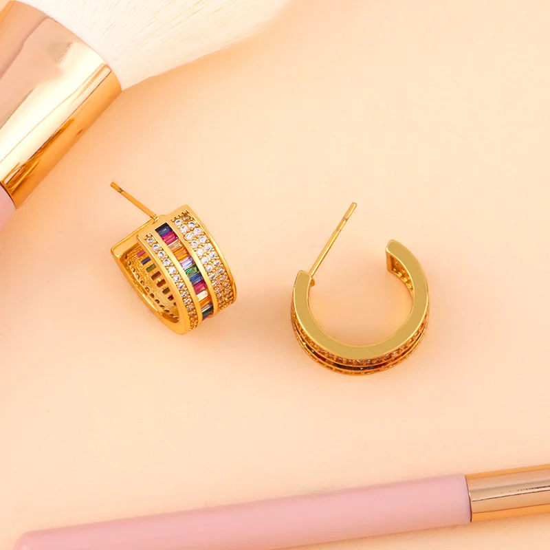 Женские радужные серьги-кольца OCESRIO круглые с кристаллами позолоченные