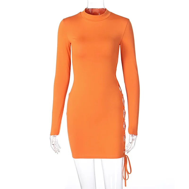 

WJFZQM Sexy Fashion Hollow Out Bandage Dress Women Orange Backless Drawstring Mini Dress Autumn Long Sleeve Party Club Dresses