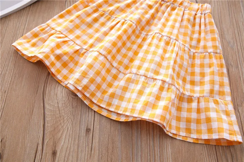 

Humor Bear Summer Girls Clothes Set Sleeveless Buttons Ruffled Edge Sling Vest Tops+Plaid Skirt 2Pcs Cute Children's Clothing
