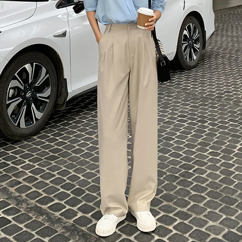 

Retro Straight Wide Leg Brown Pants Vintage Female Korean High Waist Casual Long Coffee Pants White Beige Trousers