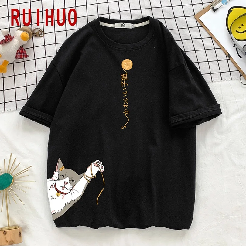 Футболка RUIHUO мужская с принтом кота хлопковая уличная одежда в стиле Харадзюку