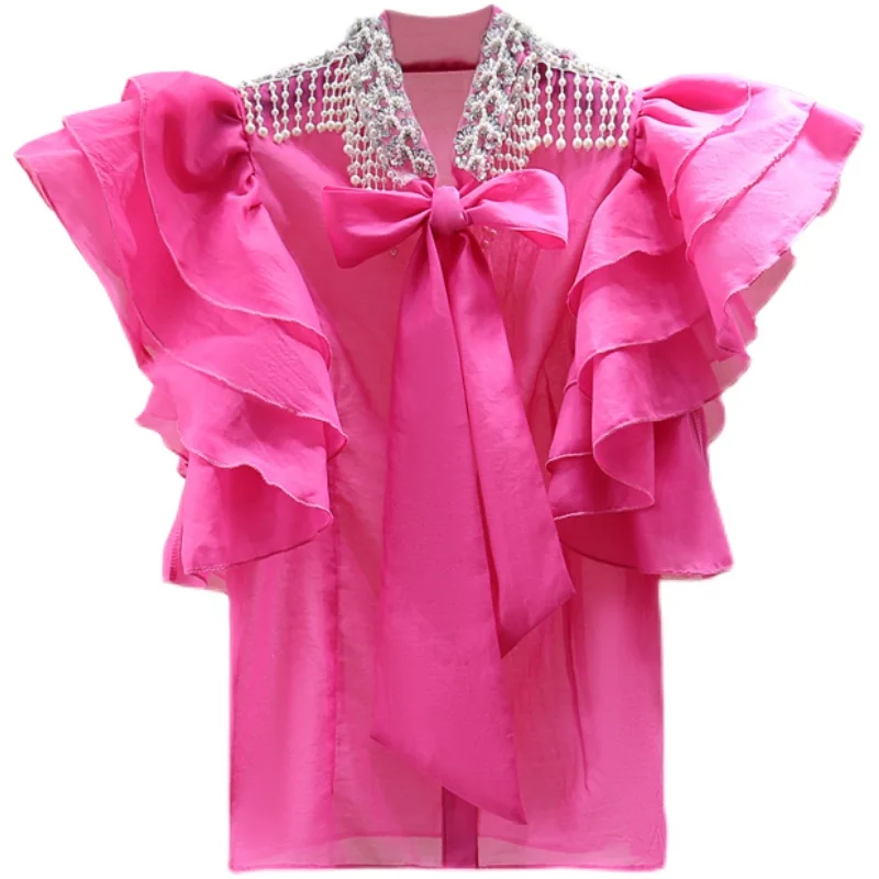 À volants Perles Paillettes Sans Manches Chemise Femmes 2021 Haut d'été Style Coréen Minceur Diamant Arc Soleil Protection Blouse Blusa