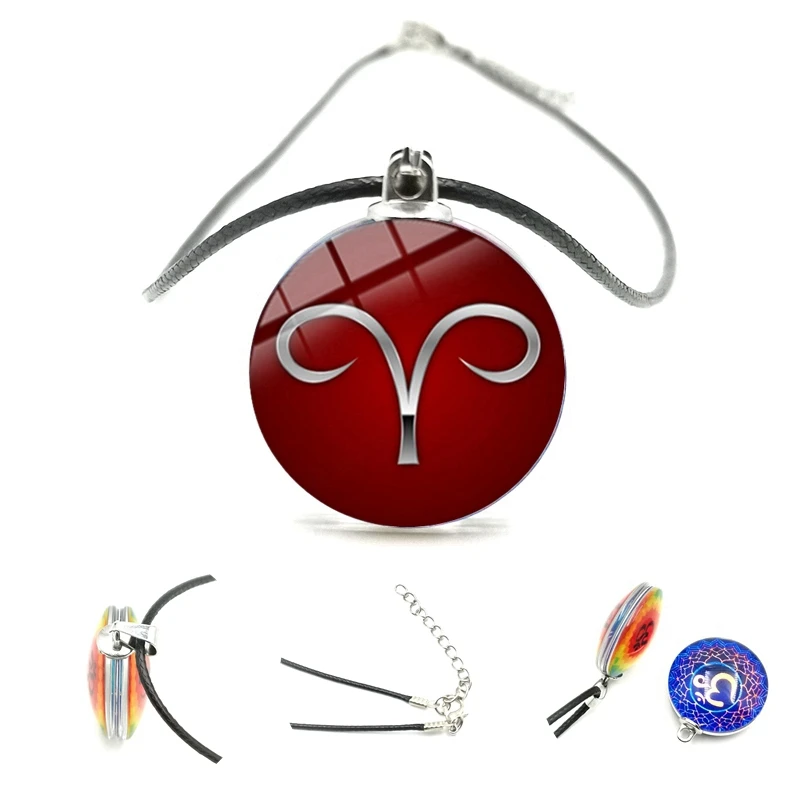 

2020 Simple 12 Constellation Double-sided Pendant 25mm Glass Cabochon Black Leather Cord Necklace Men and Women Jewelry Gifts