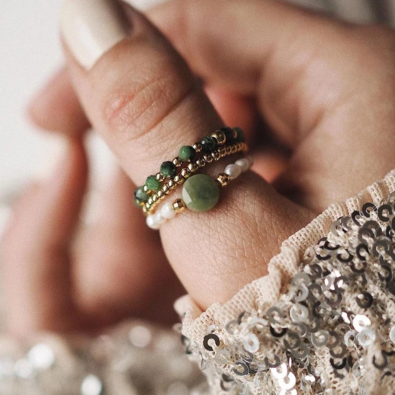

Momiji Handmake Natural Stone Bead Ring for Women Fashion Jewelry Charms Resizable Stainless Steel Taiwan Jade Ring Set