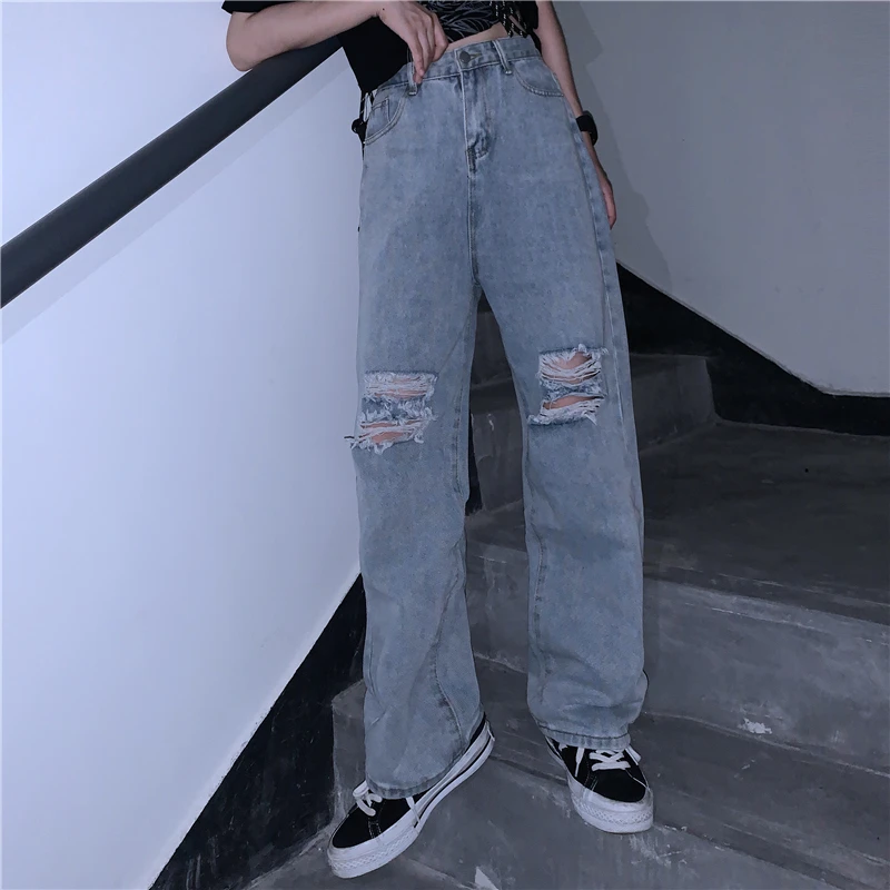 

Women's Ripped Jeans 2021 Casual Baggy Wide Leg High Waist Streetwear Trouser Vintage Mom Straight Jeans Plus Size Denim Pants