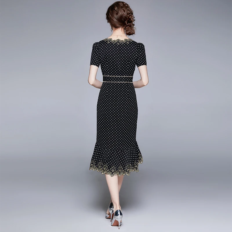 

Women Summer Designer Elegant Polka Dot V Neck Puff Sleeve Sexy Slim Cocktail Party Robe Female Vintage Fishtail Dress Vestidos