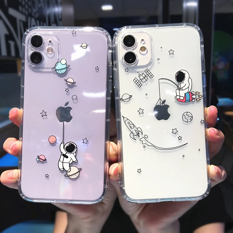 

Cute Cartoon Astronaut Planet Star Phone Case For iPhone 12 12pro 12pro max 12 Mini Transparent Soft Shockproof Cover