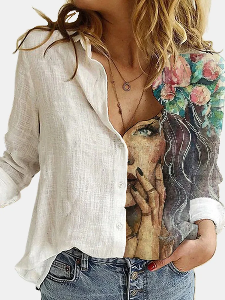 

2021 Fashion Top Loose Cartoon Retro Digital Print Long Sleeve Button Casual Shirt