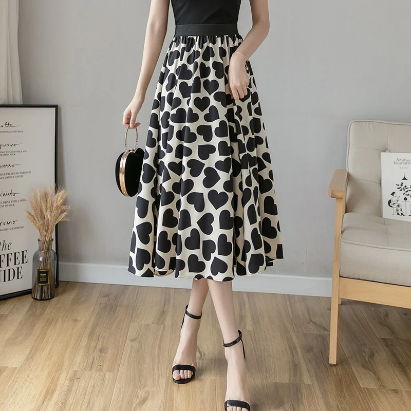 Корейская Милая длинная юбка миди с принтом сердца Женская мода 2020 летняя