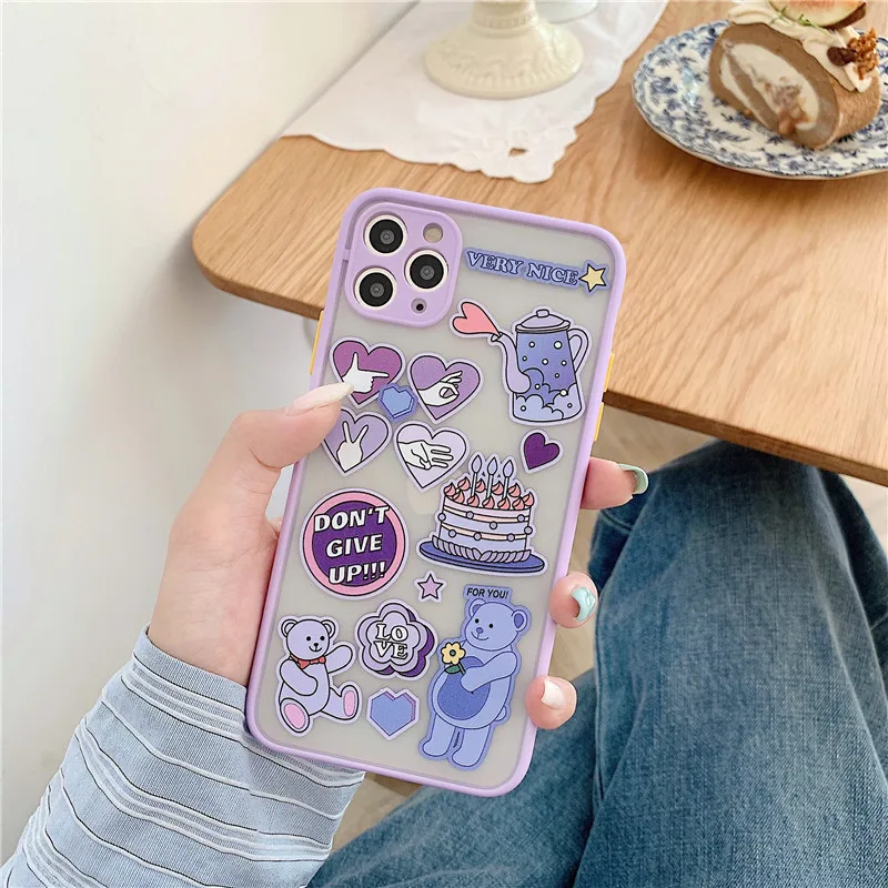 Cute Cartoon Bear Lovely Pattern Label Matte Phone Case For iPhone 11 Pro Max 7 8 Plus SE 2020 X XR XS Plastic Covers | Мобильные