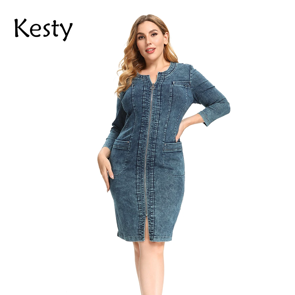 

KESTY Women's Plus Size Autumn Casual Denim Dress Cotton Knitted Denim High Flexibility Slim Fit Dress Casual Fashion Dress