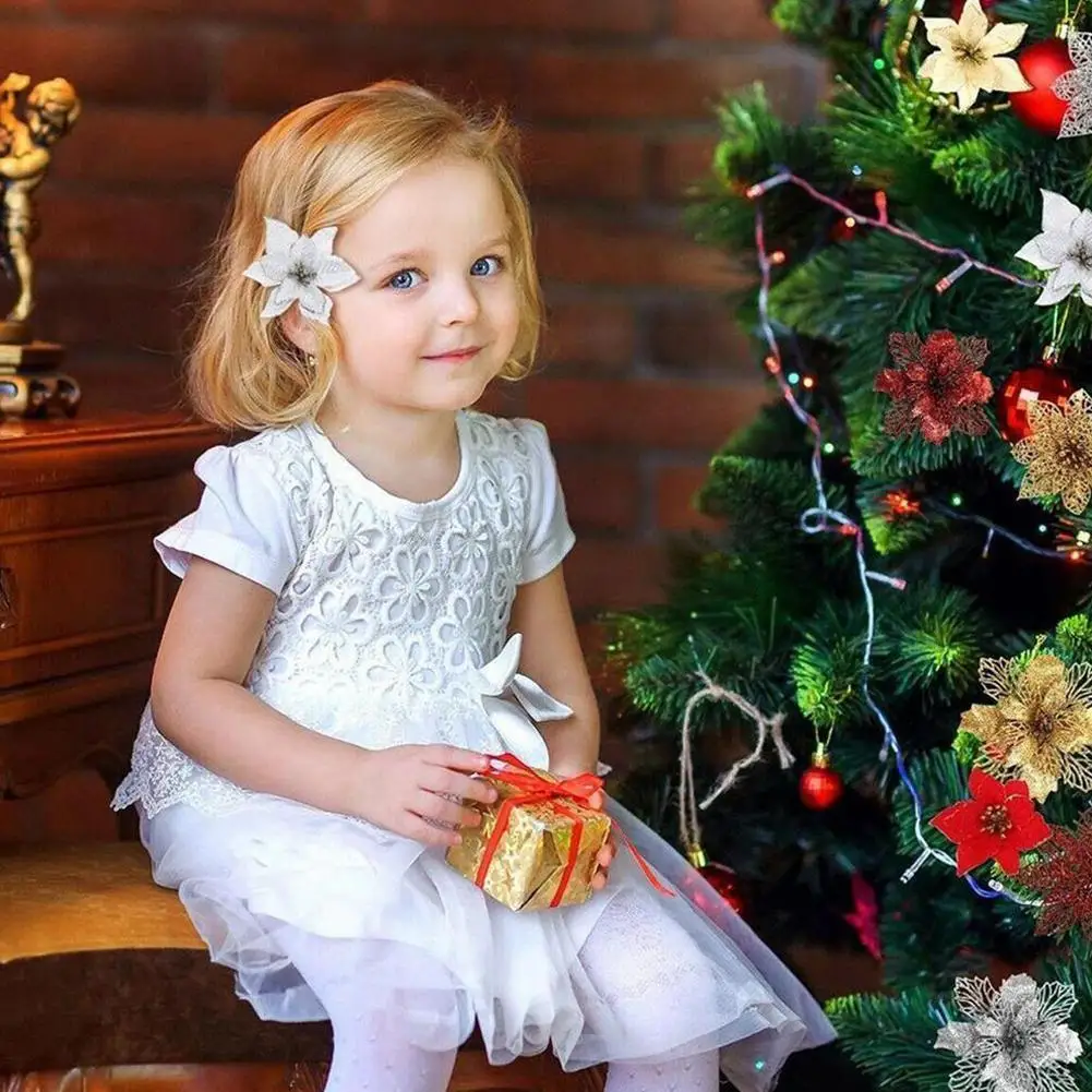 

11cm Christmas Artifical Flowers Glitter Poinsettia for Christmas Tree Ornaments Fake Flower Decoration New Year's Gifts C3Y6