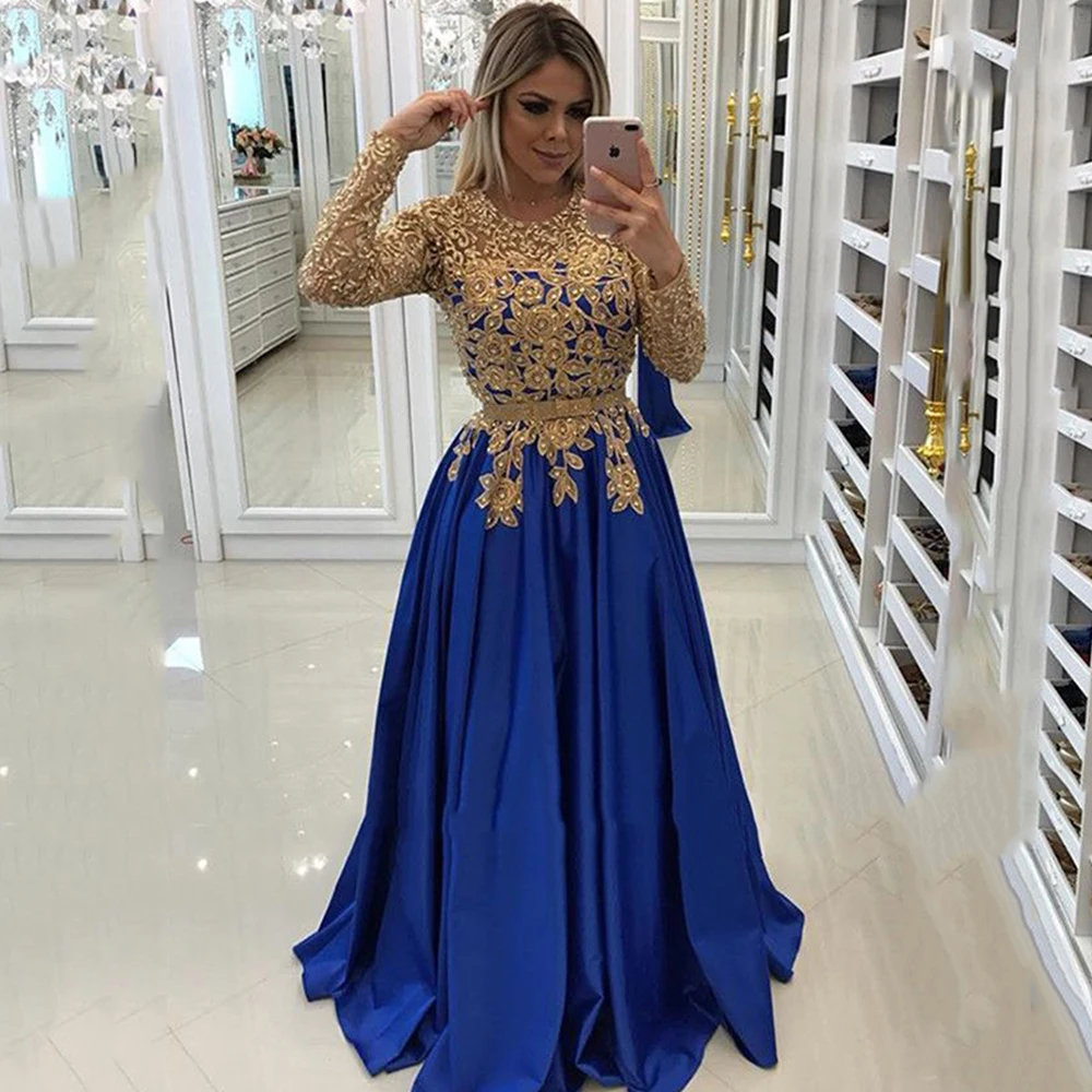 

Elegant Gold Lace Evening Dresses Long 2021 Appliques Long Sleeve Eleglant A-Line Party Prom Gowns Plus Size Vestidos de fiesta