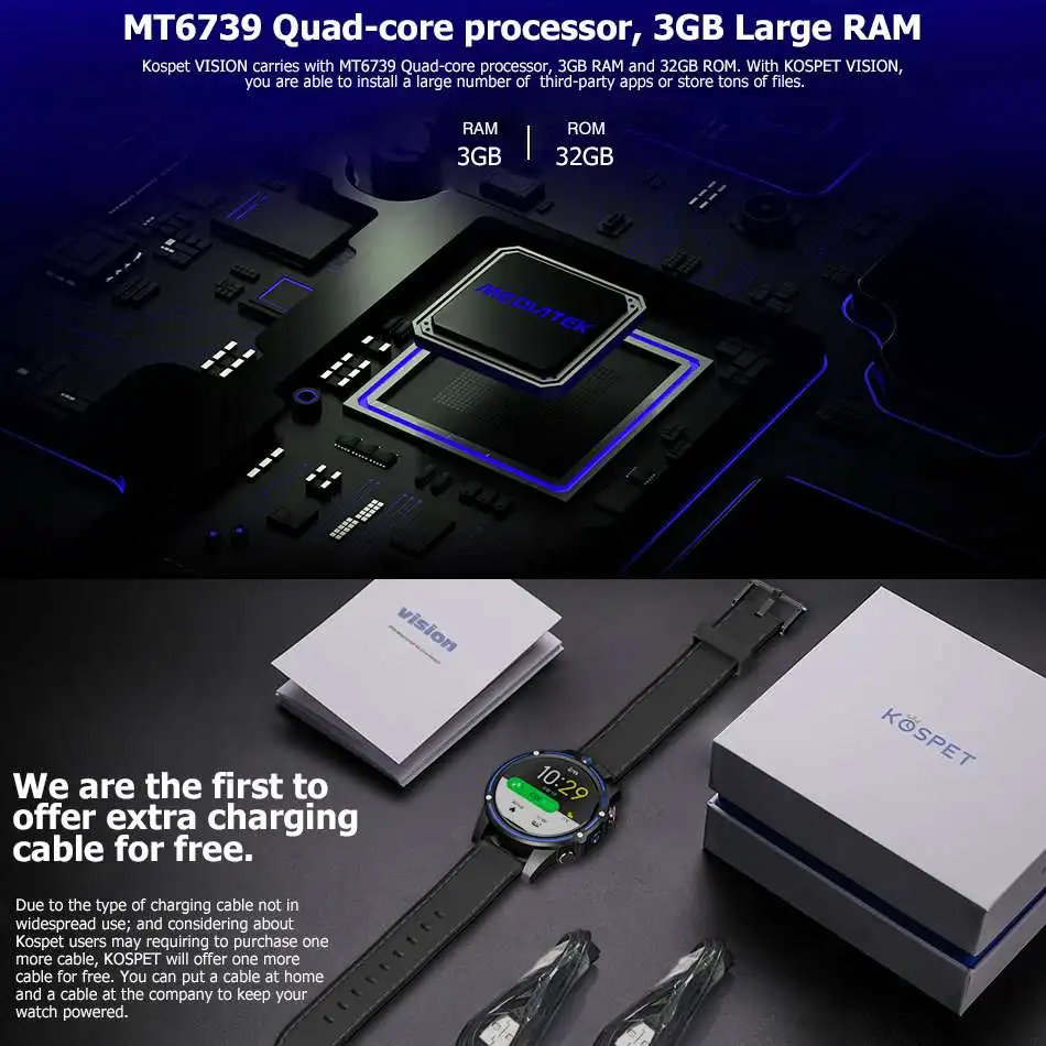 Kospet Vision Смарт-часы телефон 1 6 дюймов 4G-LTE 3g + 32G 8.0MP фронтальная двойная камера