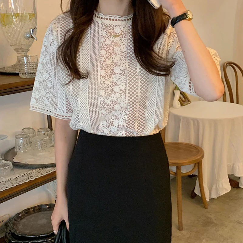 

ZAWAHIKI Korean Summer Elegant Women's Blouse O Neck Short Sleeve Heavy Lace Crochet Hollow Out Sexy Tops Loose Solid Blusas