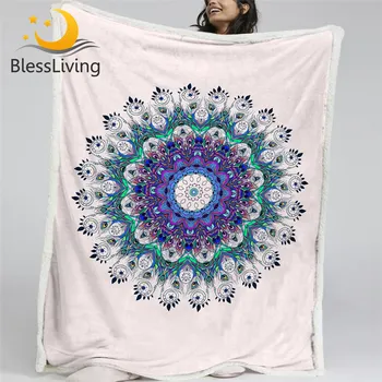 BlessLiving Mandala Sherpa Blanket Peacock Feather Plush Bedspread Green Purple Bed Blanket Floral Bohemian Home Decor Dropship 1