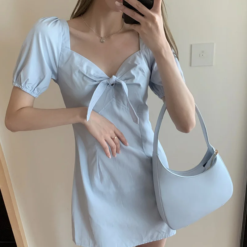 

Big Square Collar Exposed Collarbone Dress Female Summer Short Gentle Lady Style Short Sleeve Lace Up First Love