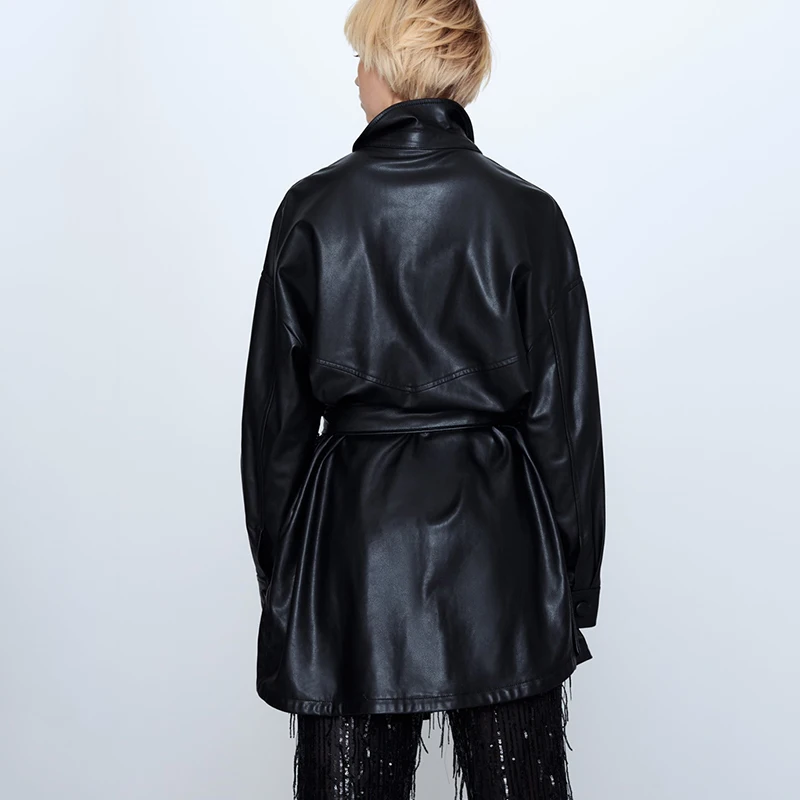 Новая модная свободная длинная куртка из искусственной кожи с ремнями Женская