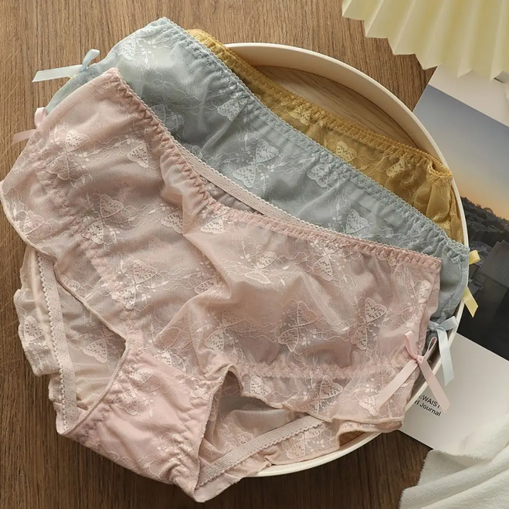 

Sexy Lovely Women Underpants Girls Underwear Middle Waist Breathable Briefs Lingeries Women Bow Mesh Panties