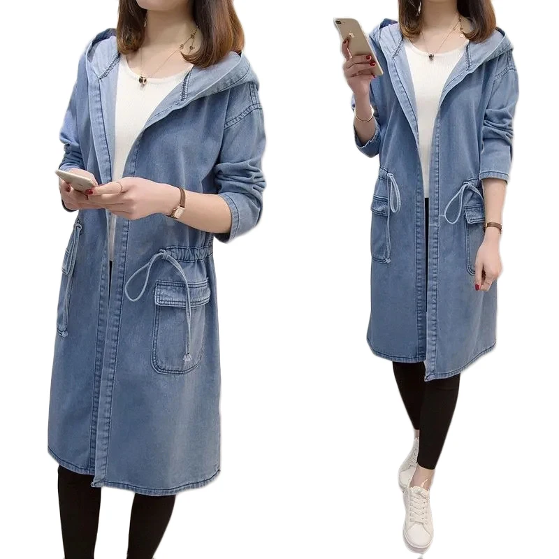 Куртка женская джинсовая с капюшоном модная длинная Базовая верхняя одежда