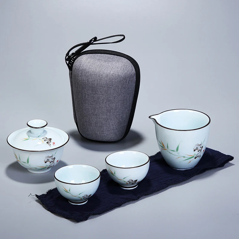 Chinese Kung Fu Tea Set Ceramic Portable Teapot Travel Gaiwan Cups of Ceremony Teacup Fine Gift With Bag | Дом и сад