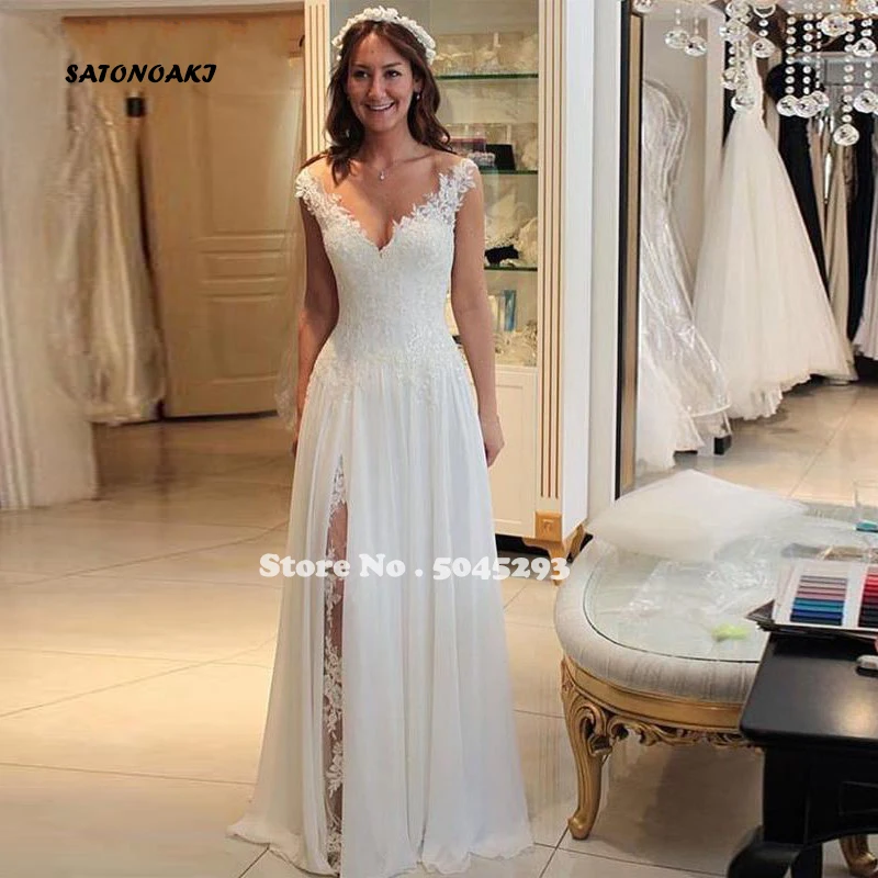 

Boho Chiffon Wedding Dress 2020 for Women Sheer Neck Appliques Lace Up Princesa Bridal Gowns Vestido De Novia Online Shop India
