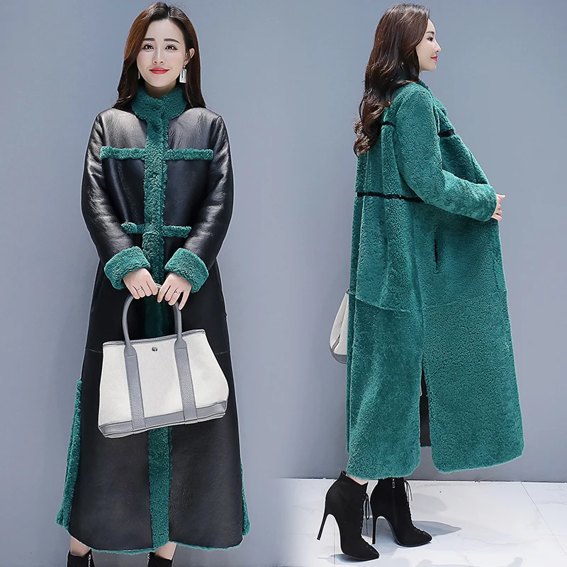 Autumn And Winter Fur One-Piece Iamb Hair Female Iong Double-Sided Wear Plus Velvet Thick Fashion PU Ieather Slim JacketSpliced