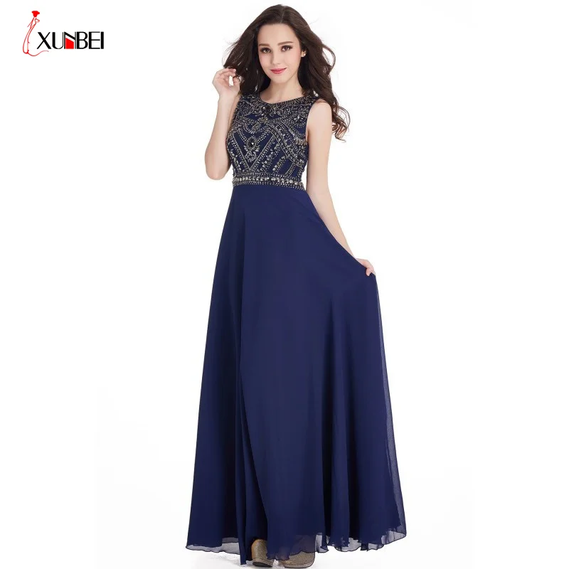 

In Stock Beaded Crystal Navy Blue Long Evening Dresses 2022 See Through Back Women Formal Evening Party Gowns Vestido De Festa