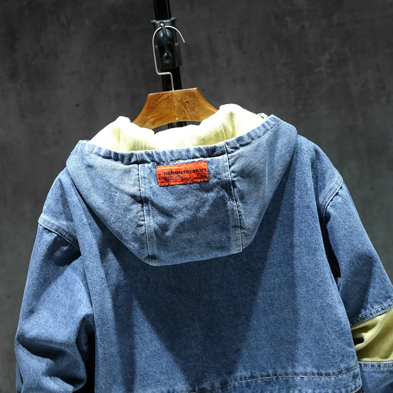

Hip Hop Men Patchwork Denim Coat Spring Vintage Washed Hooded Jacket Japan Style Single Breasted Cowboy Outerwear Jaquetas