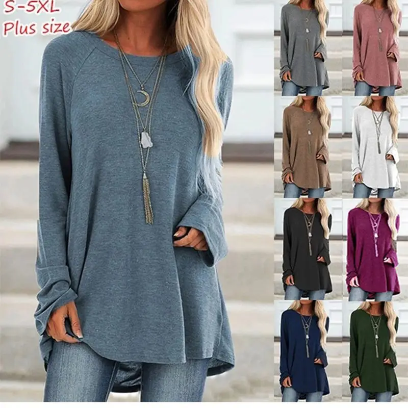 Женская хлопковая туника Однотонная рубашка с длинным рукавом круглым вырезом